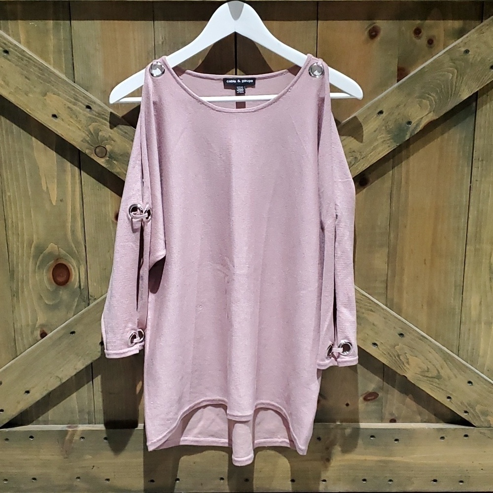 DRESSY PINK LONG SLEEVE TOP W CUT OUTS, COLD SHOULDER SILVER HARDWARE HIGH LOW